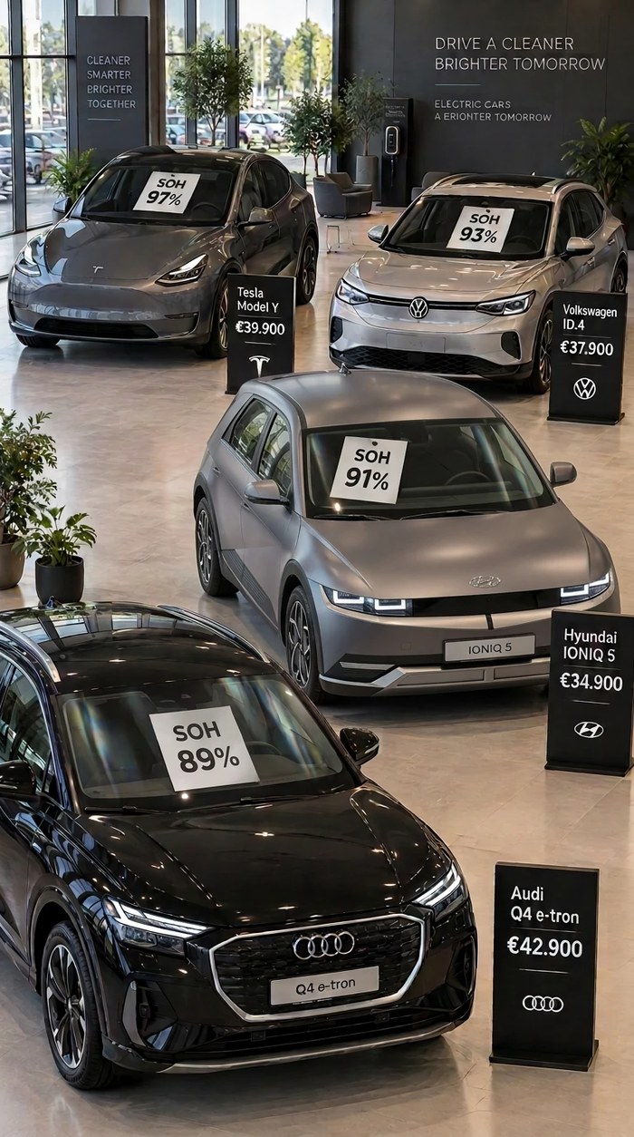 A dealership showroom floor with four EVs, each window showing an SOH grade sticker alongside its price card
